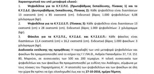 Ανάθεση για τη μεταφορά εκλογικού υλικού, για τις ανάγκες διεξαγωγής των εκλογών για την ανάδειξη αιρετών εκπροσώπων των Κ.Υ.Σ.Π.Ε. – Κ.Υ.Σ.Δ.Ε. – Κ.Υ.Σ.Ε.Ε.Π. έτους 2016
