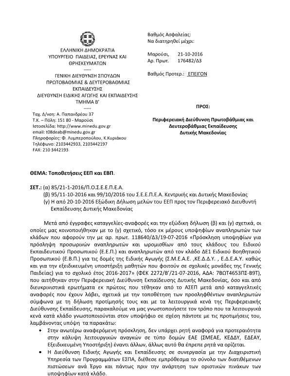 ΤΟ ΕΓΓΡΑΦΟ ΤΗΣ Δ/ΝΣΗΣ ΕΙΔΙΚΗΣ ΑΓΩΓΗΣ ΤΟΥ ΥΠ.Π.Ε.Θ. ΠΡΟΣ ΤΗΝ Π.Δ.Ε. ΔΥΤΙΚΗΣ ΜΑΚΕΔΟΝΙΑΣ, ΣΧΕΤΙΚΑ ΜΕ ΤΟΝ ΟΡΘΟ ΤΡΟΠΟ ΤΟΠΟΘΕΤΗΣΕΩΝ ΤΩΝ ΑΝΑΠΛΗΡΩΤΩΝ Ε.Ε.Π. & Ε.Β.Π.